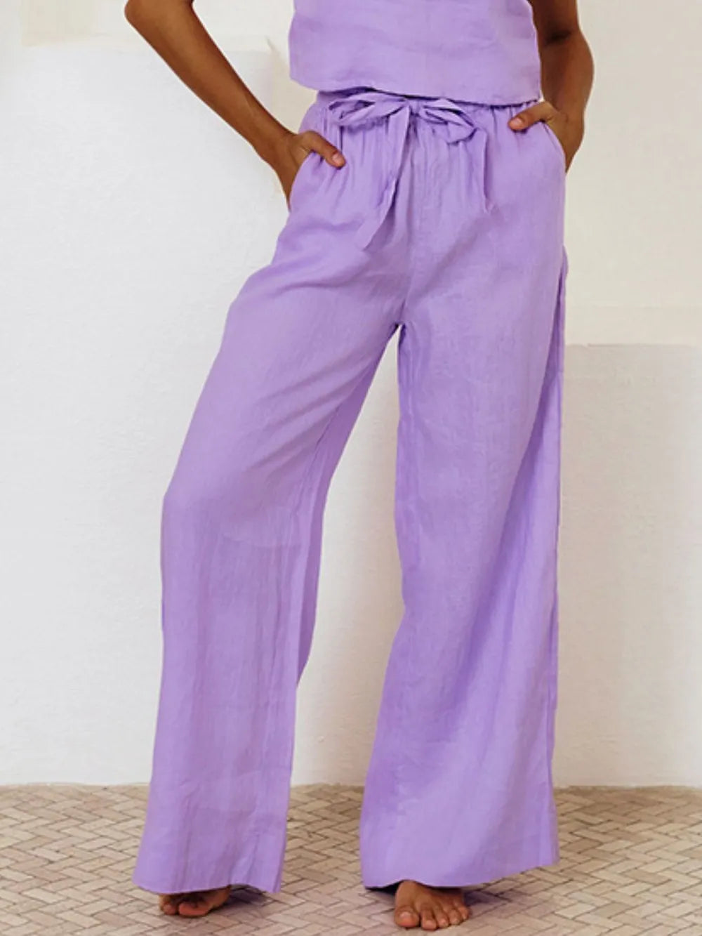 Women's Square Neck Sleeveless Top and Wide-Leg Pants Set