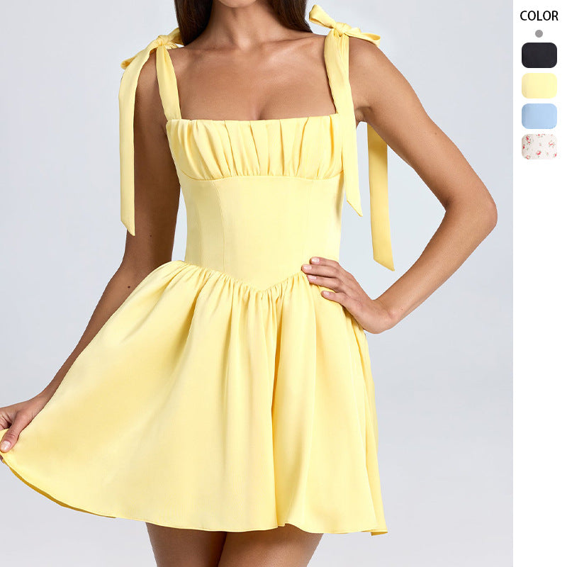 Square collar high waisted pleated patchwork bow suspender dress