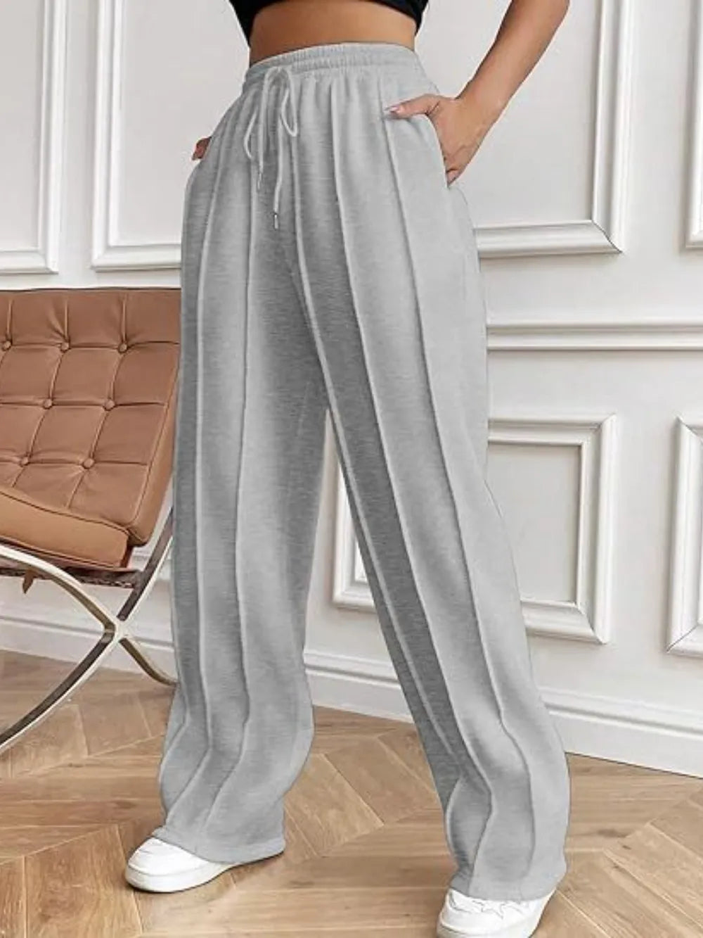 Women's High-Waisted Wide-Leg Drawstring Pants with Pockets