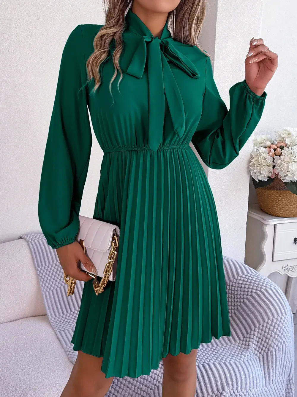 Long Sleeve Pleated Dress with Tie Waist