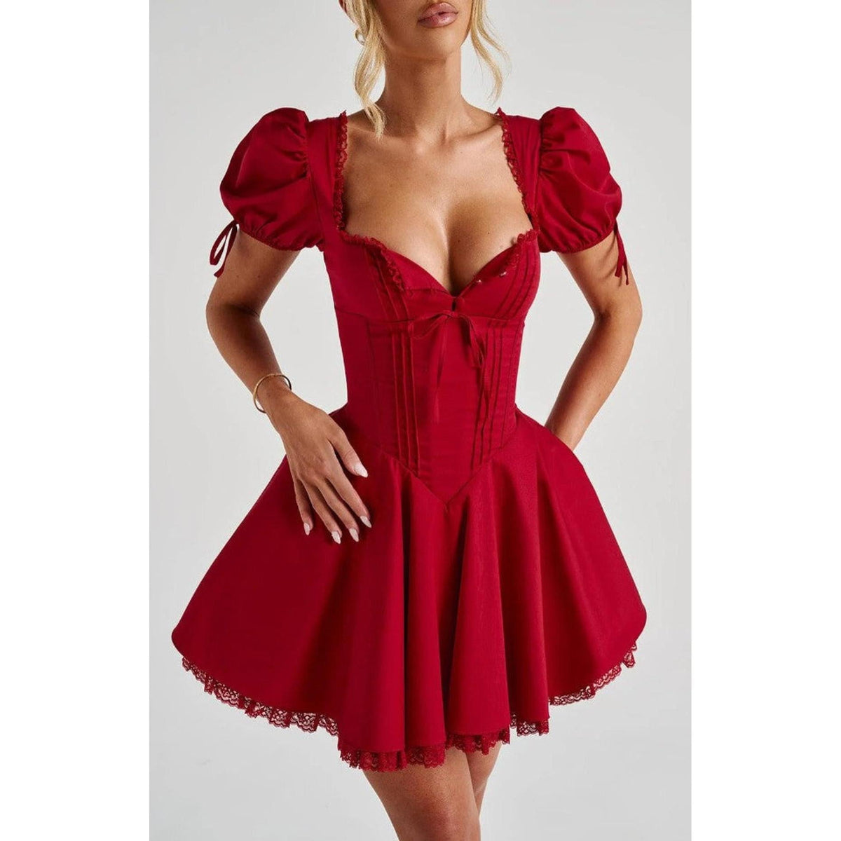 French Royal Square Collar Lace Puff Short Sleeve Dress Slim Fit Waist Trimming Lace up Puffy A line Dress