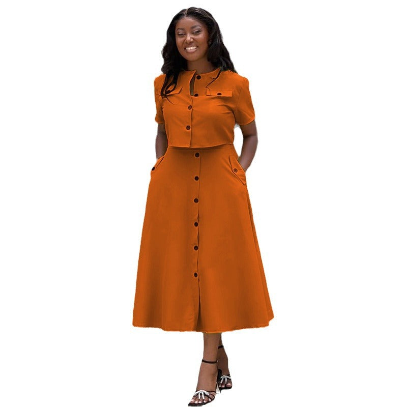 Short Sleeve Top and Buttoned High-Waist Skirt Set