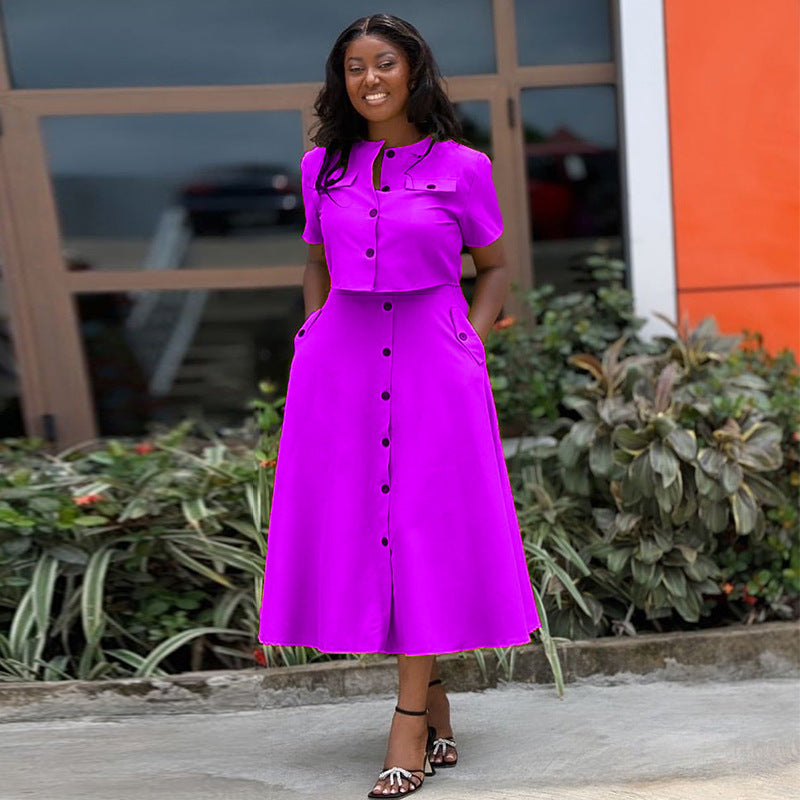Short Sleeve Top and Buttoned High-Waist Skirt Set