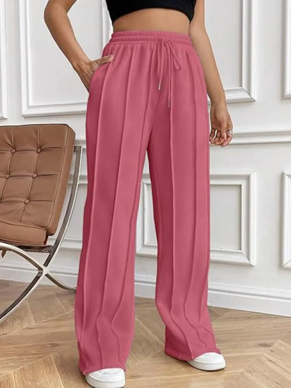 Women's High-Waisted Wide-Leg Drawstring Pants with Pockets