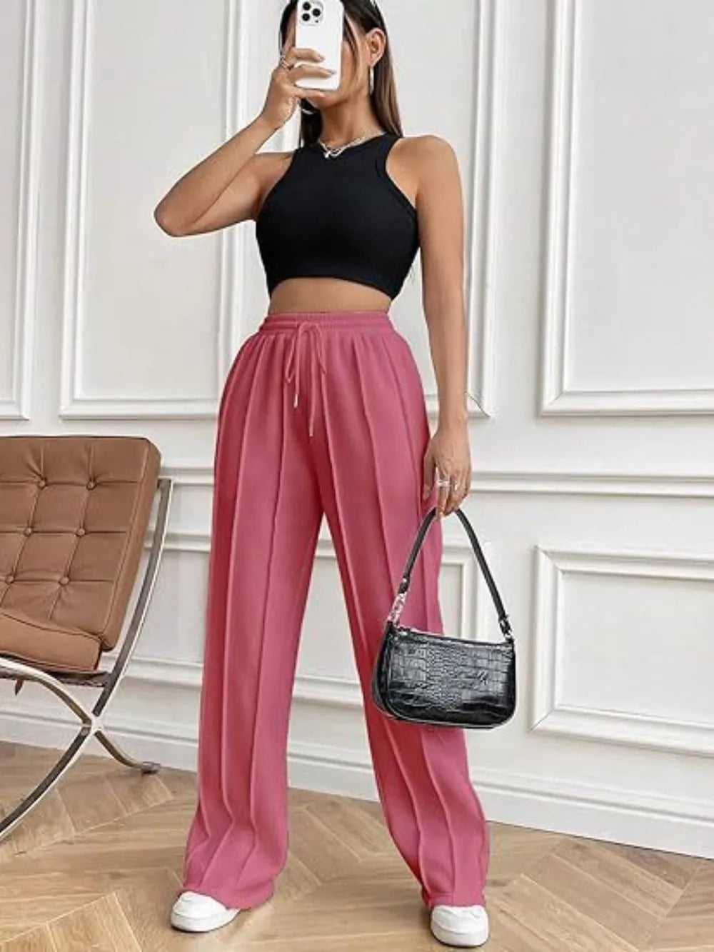 Women's High-Waisted Wide-Leg Drawstring Pants with Pockets