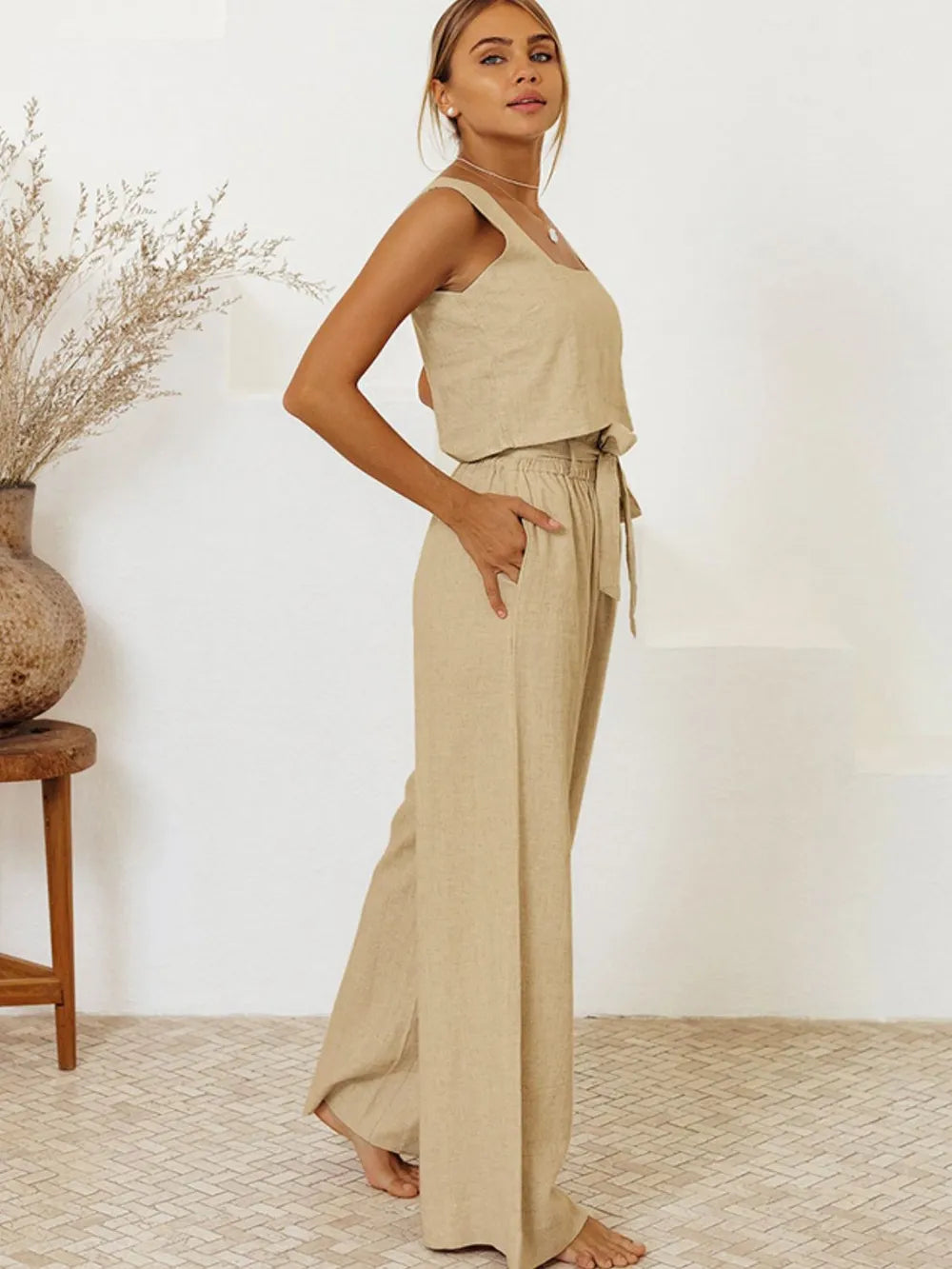 Women's Square Neck Sleeveless Top and Wide-Leg Pants Set