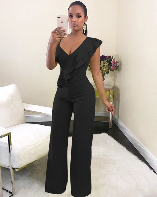 Chic One-Shoulder Ruffle Jumpsuit with V-Neck and Wide-Leg Pants