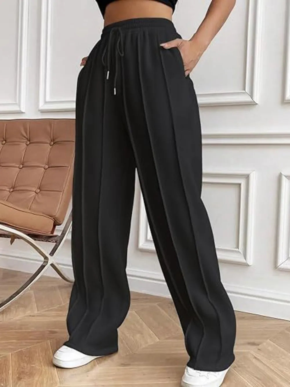 Women's High-Waisted Wide-Leg Drawstring Pants with Pockets