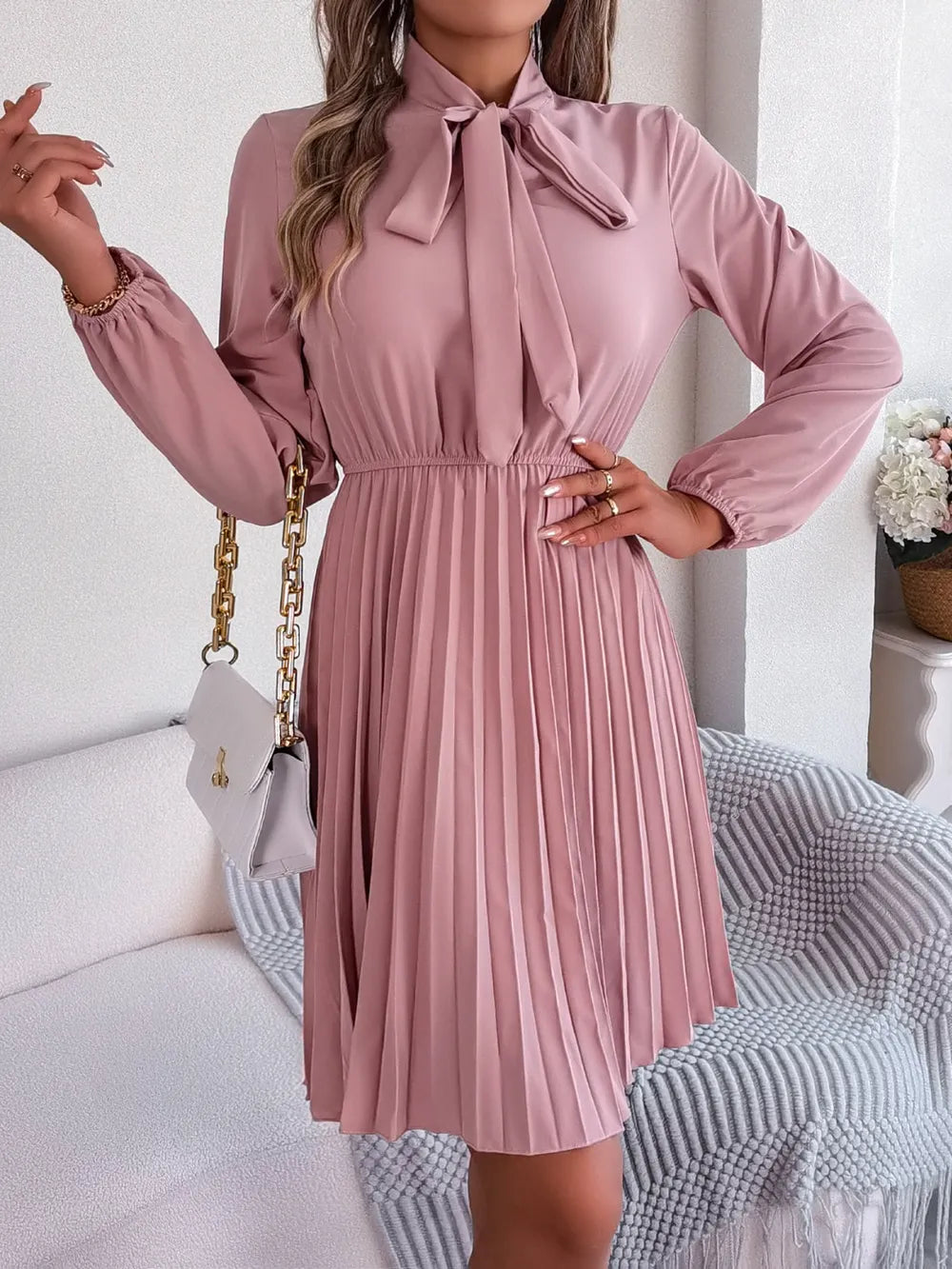 Long Sleeve Pleated Dress with Tie Waist