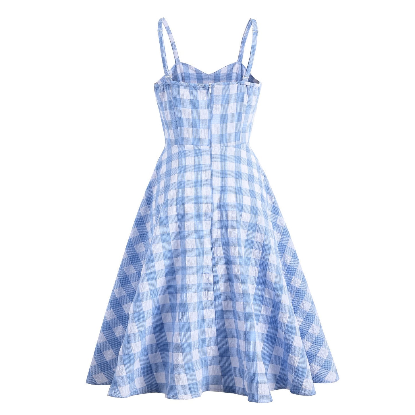 Blue & White English-Style Summer Dress – Cinched Waist Suspender Midi with Straight Neckline