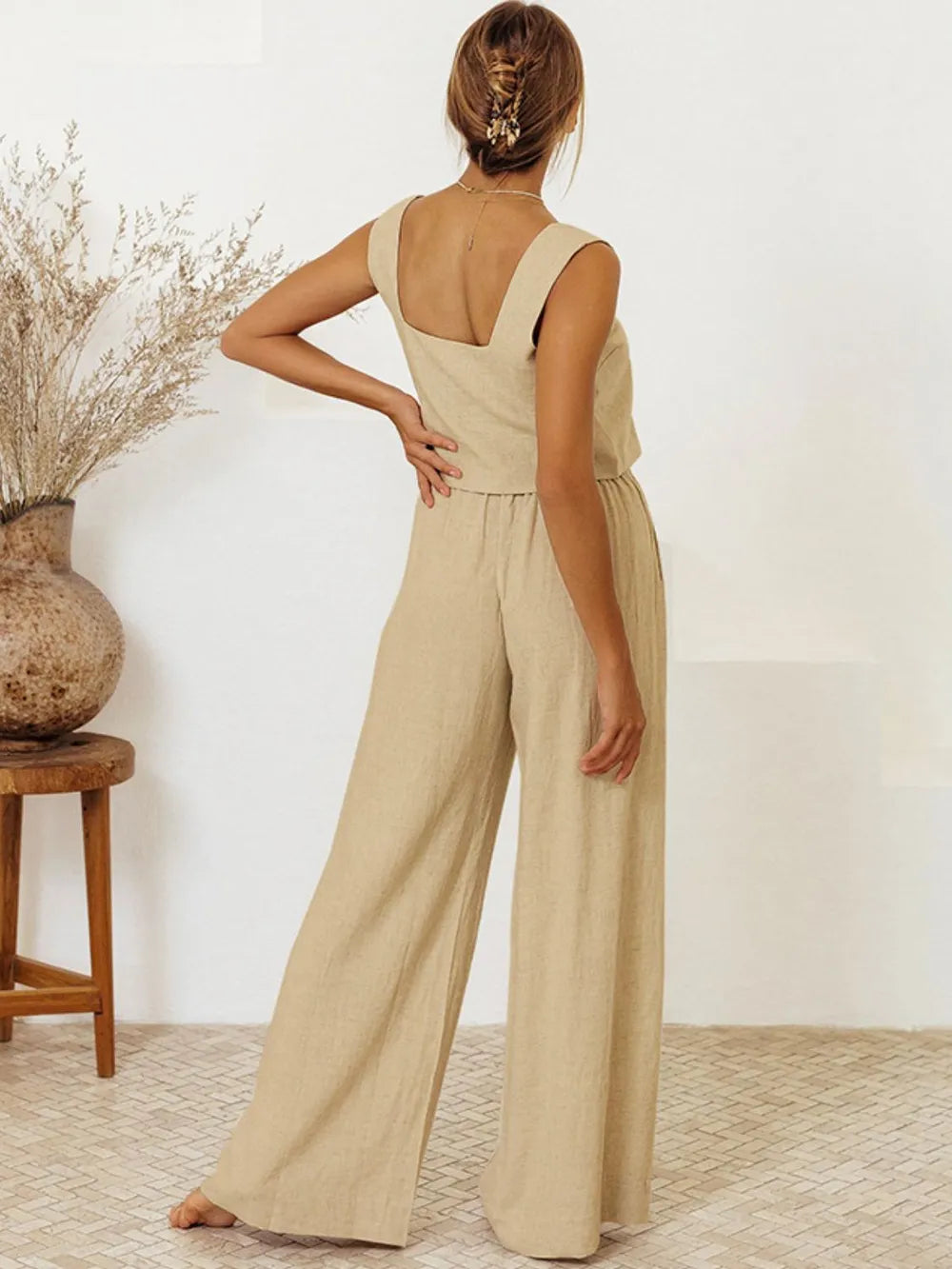 Women's Square Neck Sleeveless Top and Wide-Leg Pants Set