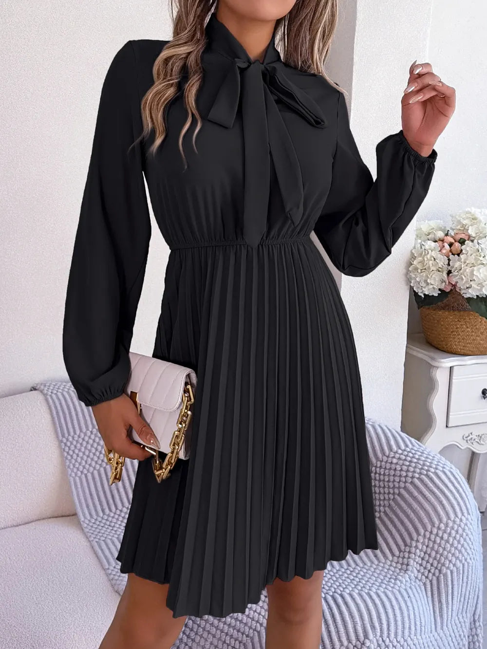Long Sleeve Pleated Dress with Tie Waist