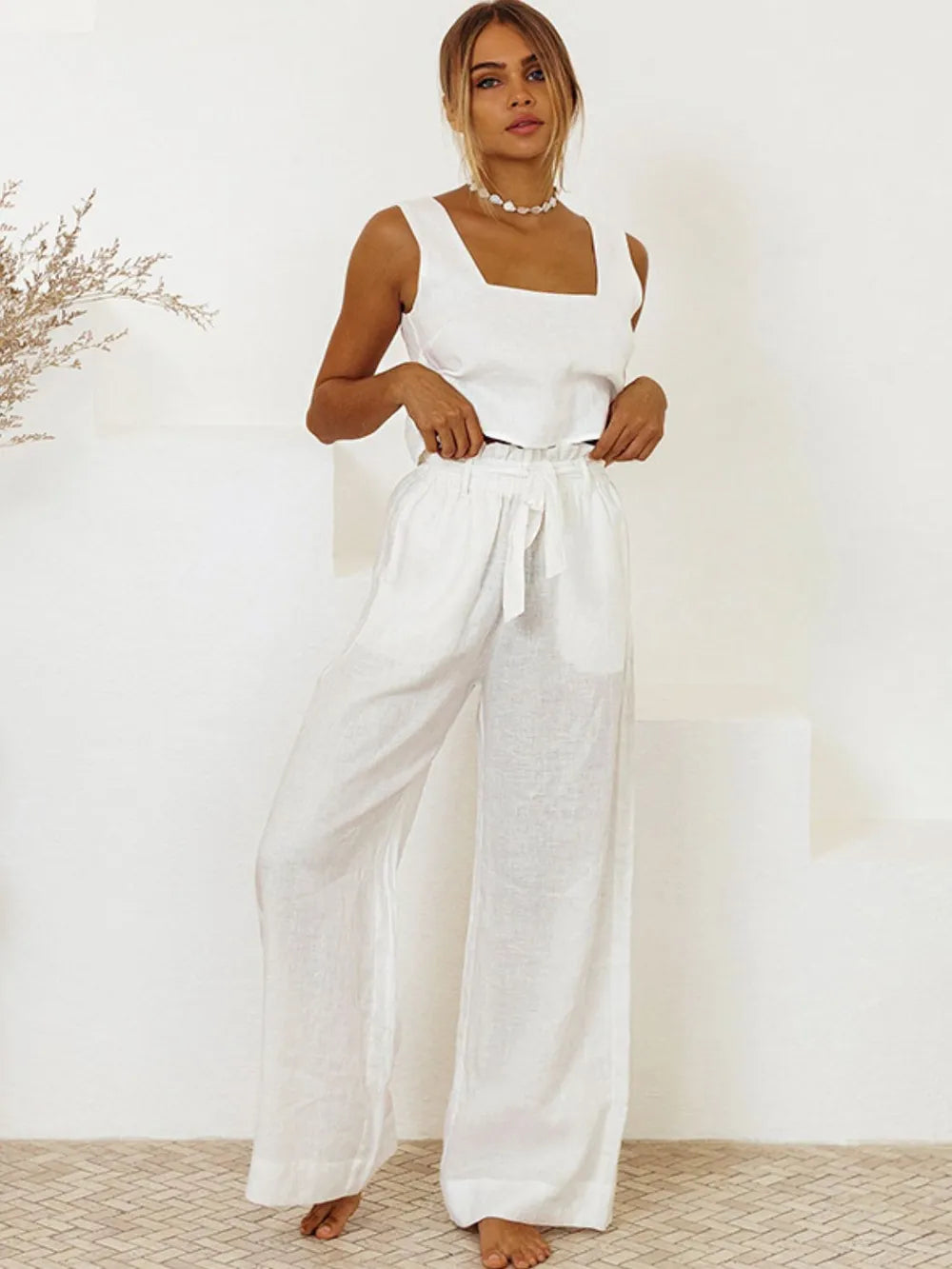 Women's Square Neck Sleeveless Top and Wide-Leg Pants Set