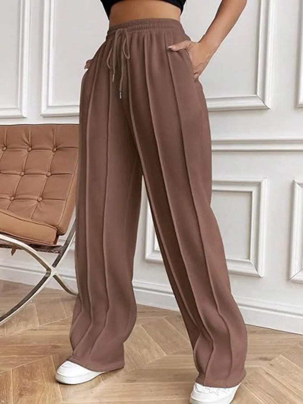 Women's High-Waisted Wide-Leg Drawstring Pants with Pockets