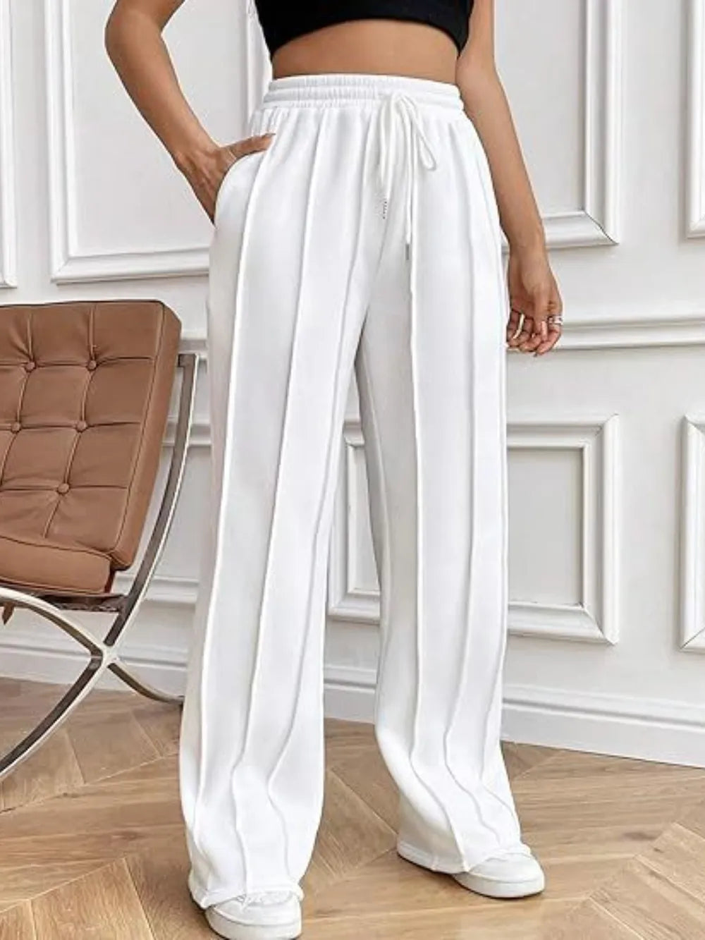 Women's High-Waisted Wide-Leg Drawstring Pants with Pockets