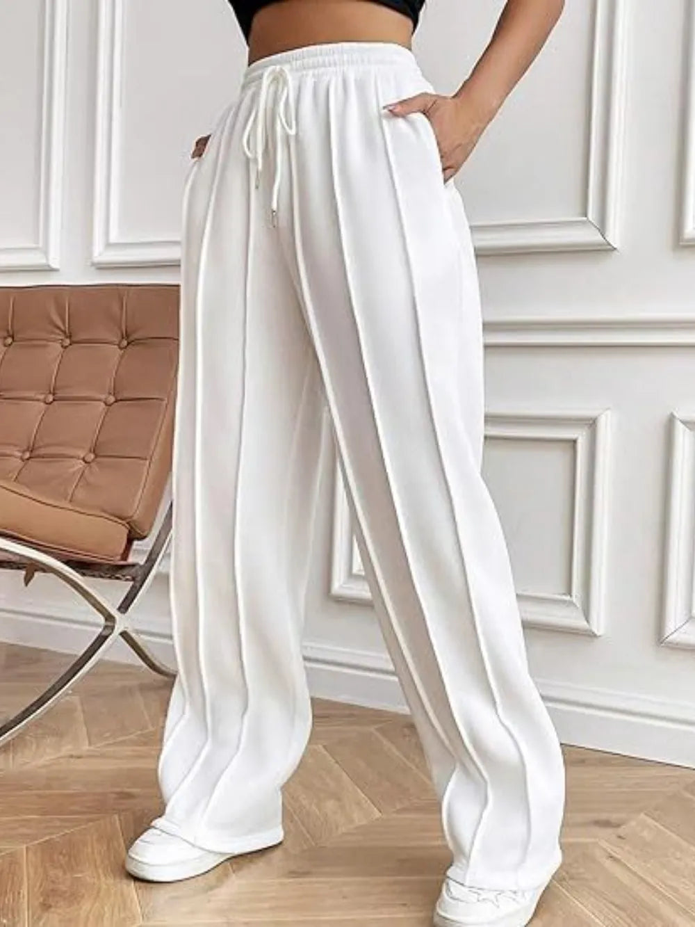 Women's High-Waisted Wide-Leg Drawstring Pants with Pockets