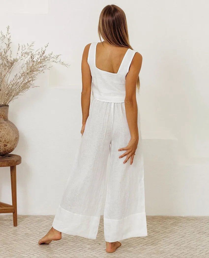 Women's Square Neck Sleeveless Top and Wide-Leg Pants Set