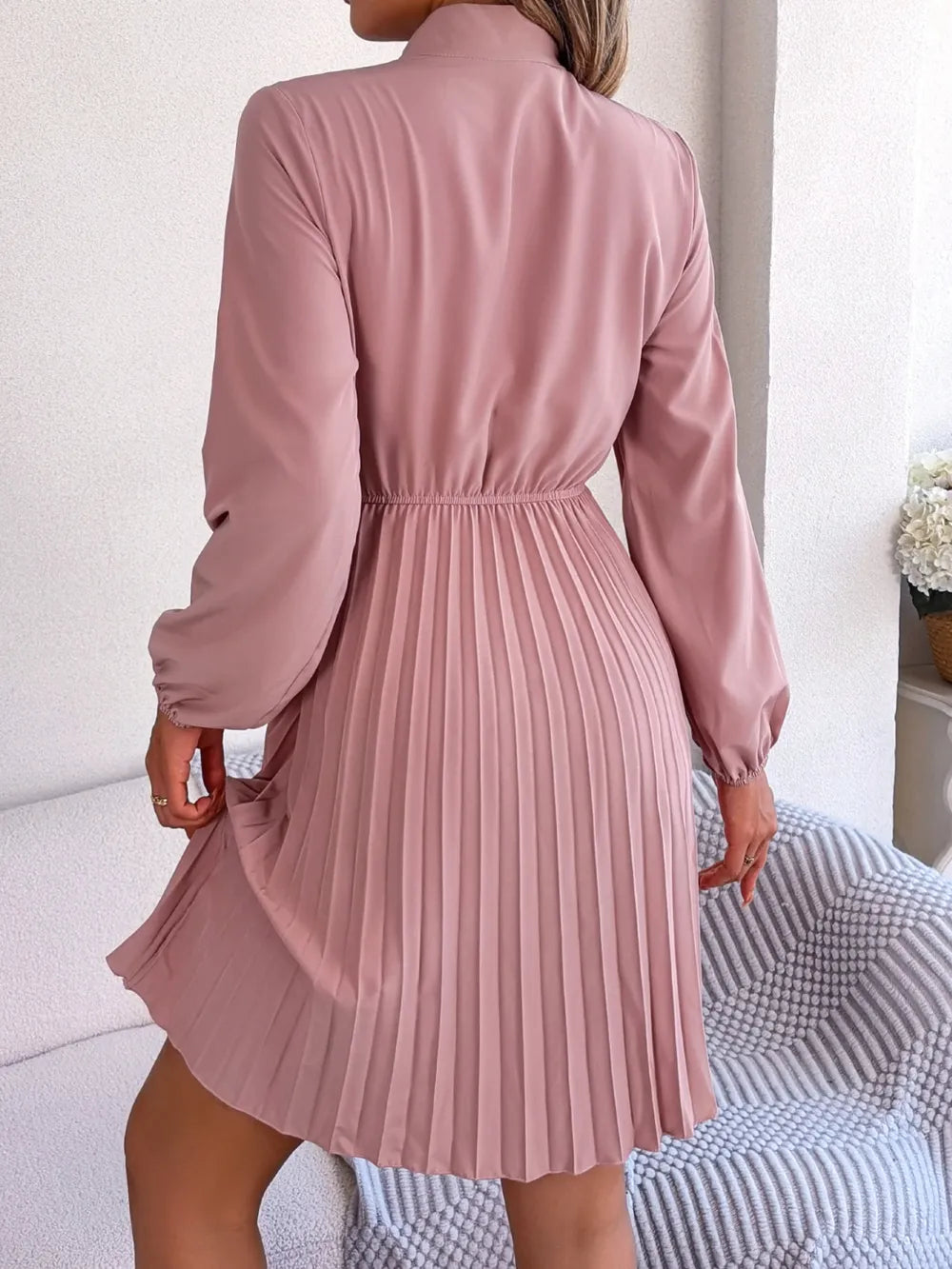 Long Sleeve Pleated Dress with Tie Waist