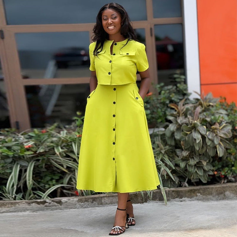 Short Sleeve Top and Buttoned High-Waist Skirt Set