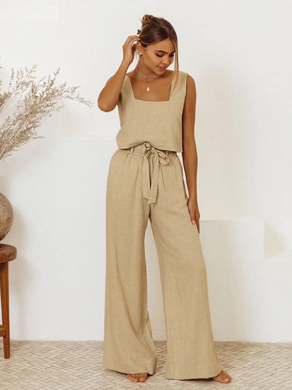 Women's Square Neck Sleeveless Top and Wide-Leg Pants Set