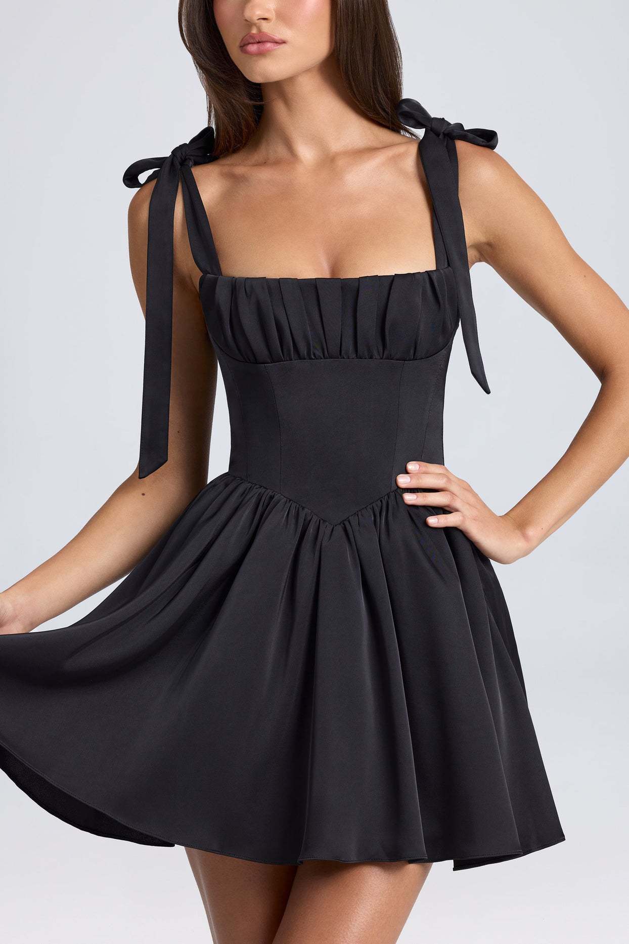 Square collar high waisted pleated patchwork bow suspender dress