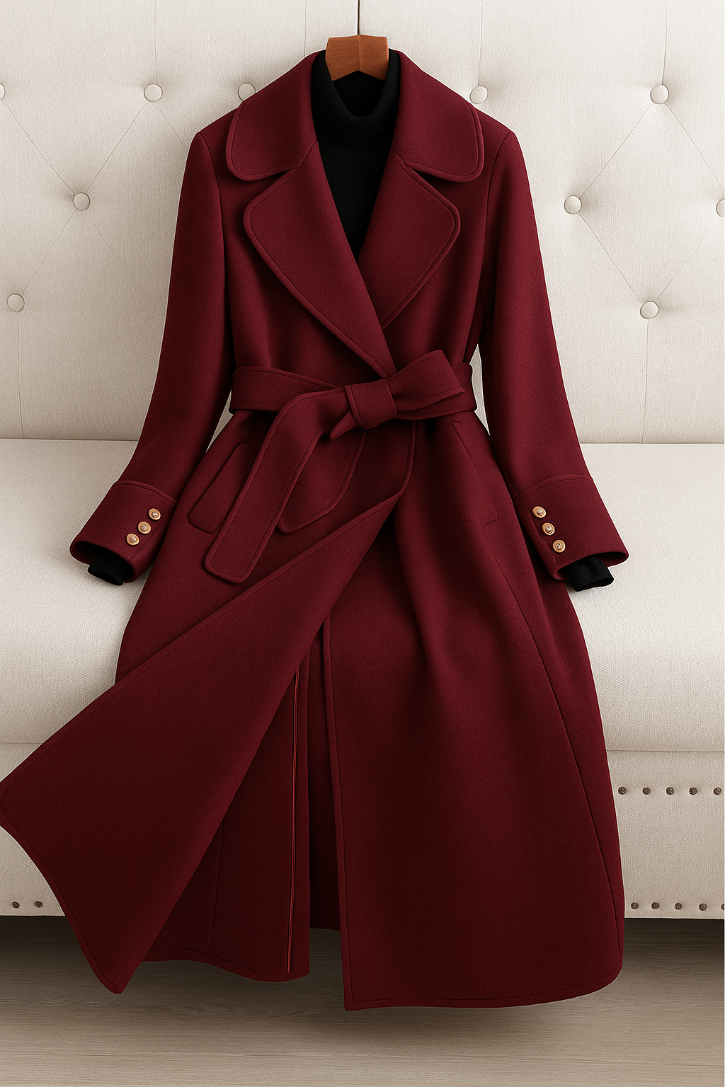 Women's Long Double-Sided Wool Coat with Belt and Lapel