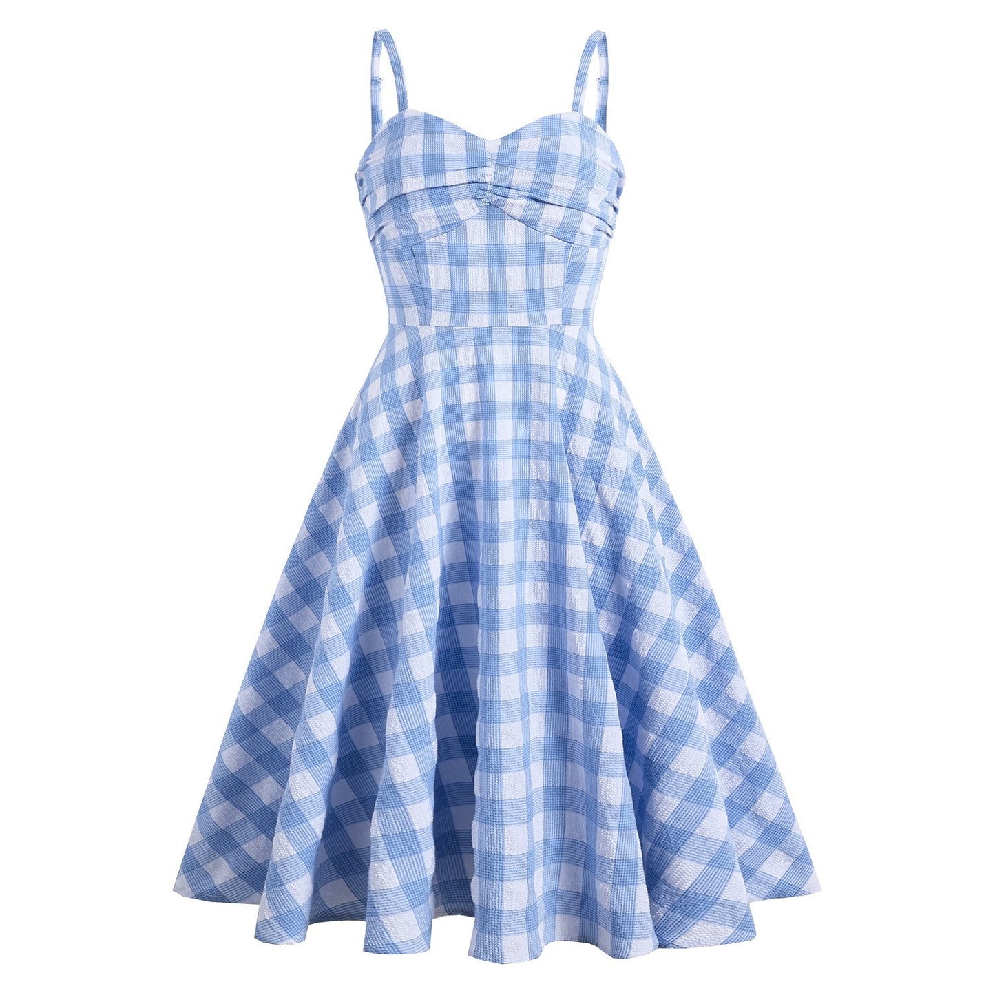 Blue & White English-Style Summer Dress – Cinched Waist Suspender Midi with Straight Neckline
