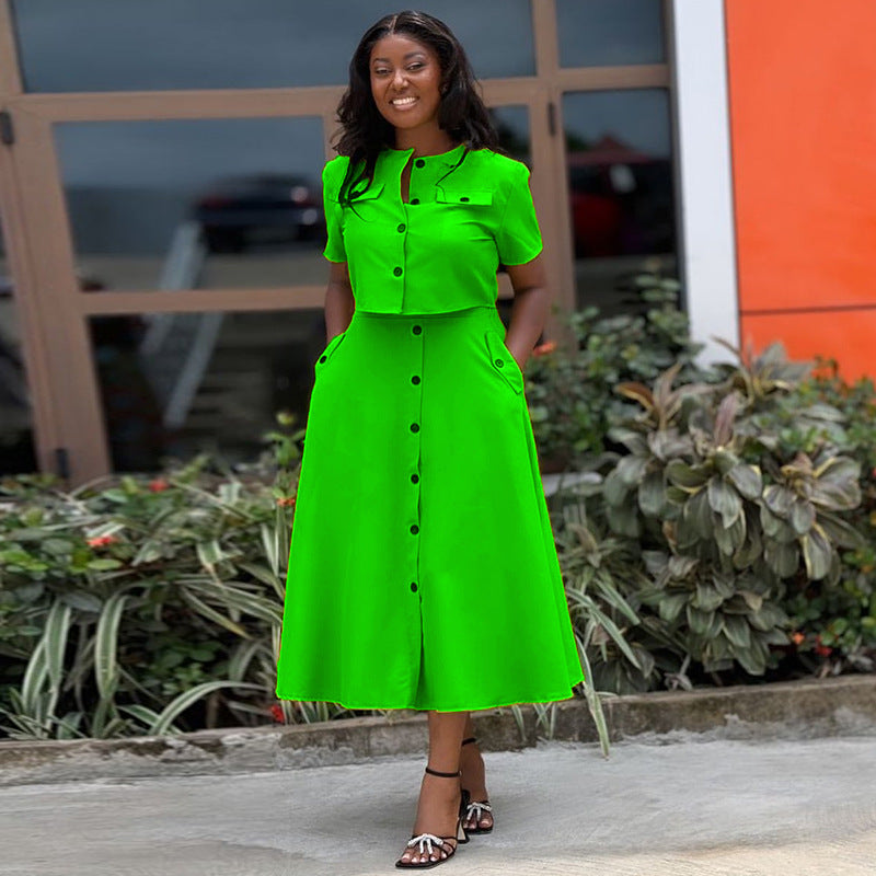 Short Sleeve Top and Buttoned High-Waist Skirt Set