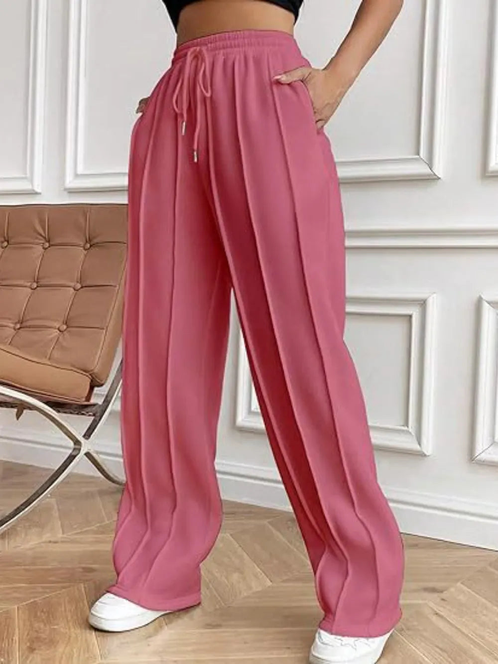 Women's High-Waisted Wide-Leg Drawstring Pants with Pockets