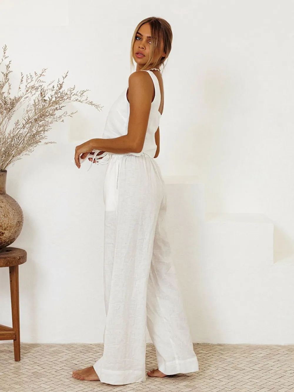 Women's Square Neck Sleeveless Top and Wide-Leg Pants Set