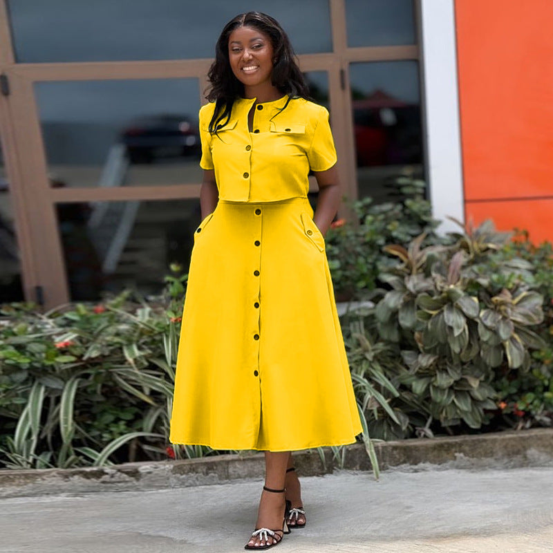 Short Sleeve Top and Buttoned High-Waist Skirt Set