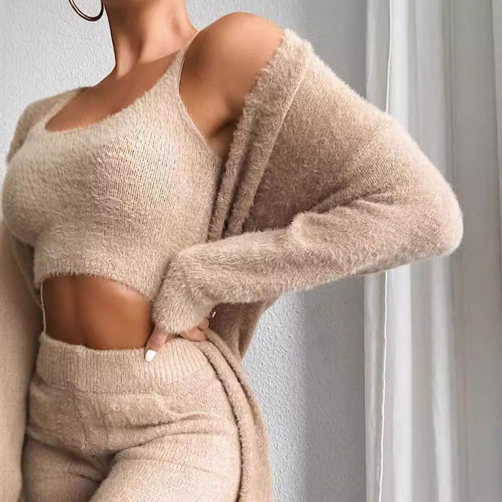 3-Piece Knit Lounge Set with Cardigan and Trousers