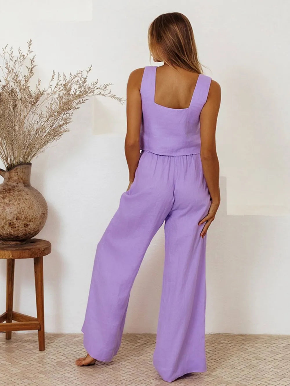 Women's Square Neck Sleeveless Top and Wide-Leg Pants Set