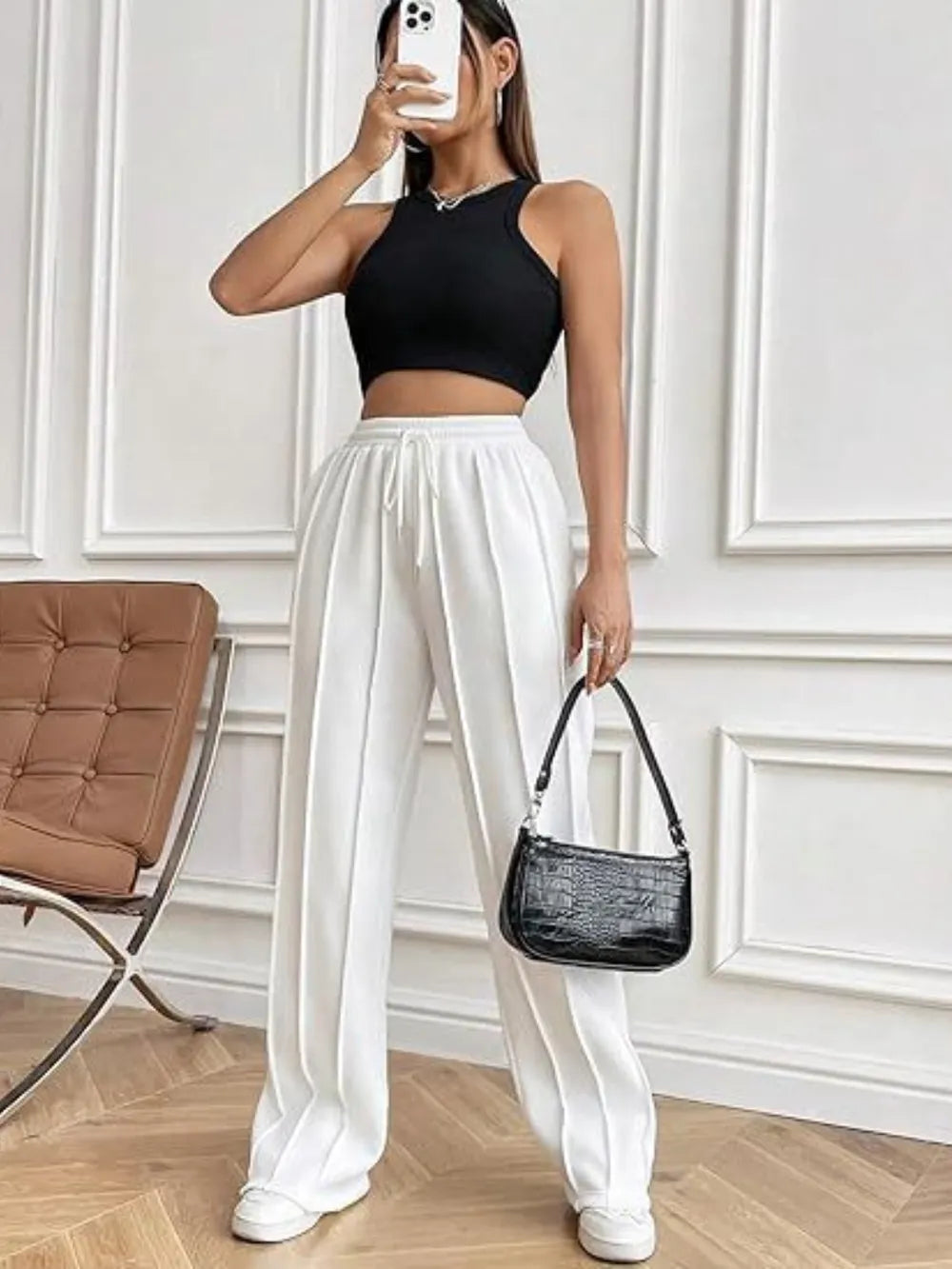 Women's High-Waisted Wide-Leg Drawstring Pants with Pockets