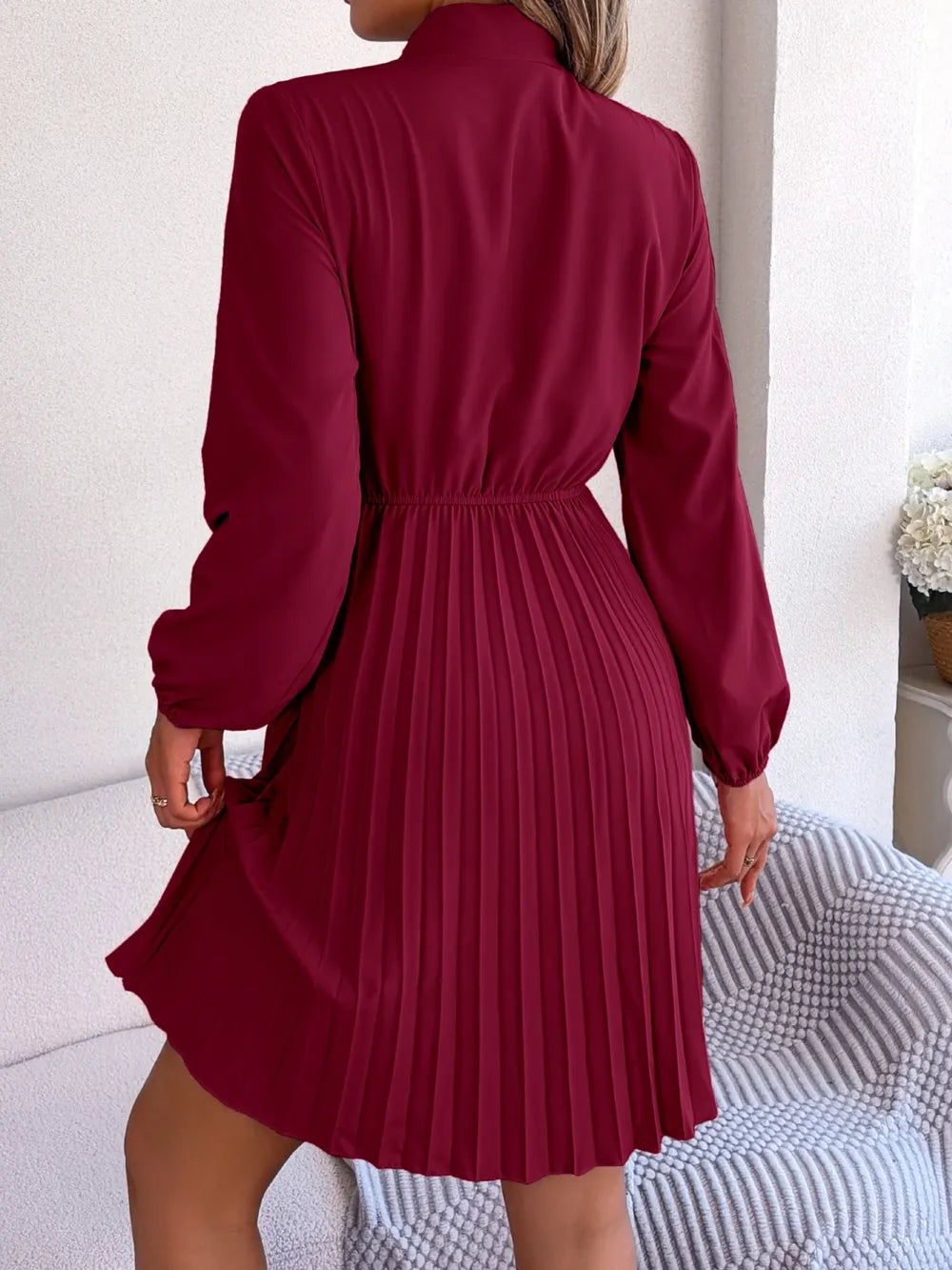 Long Sleeve Pleated Dress with Tie Waist