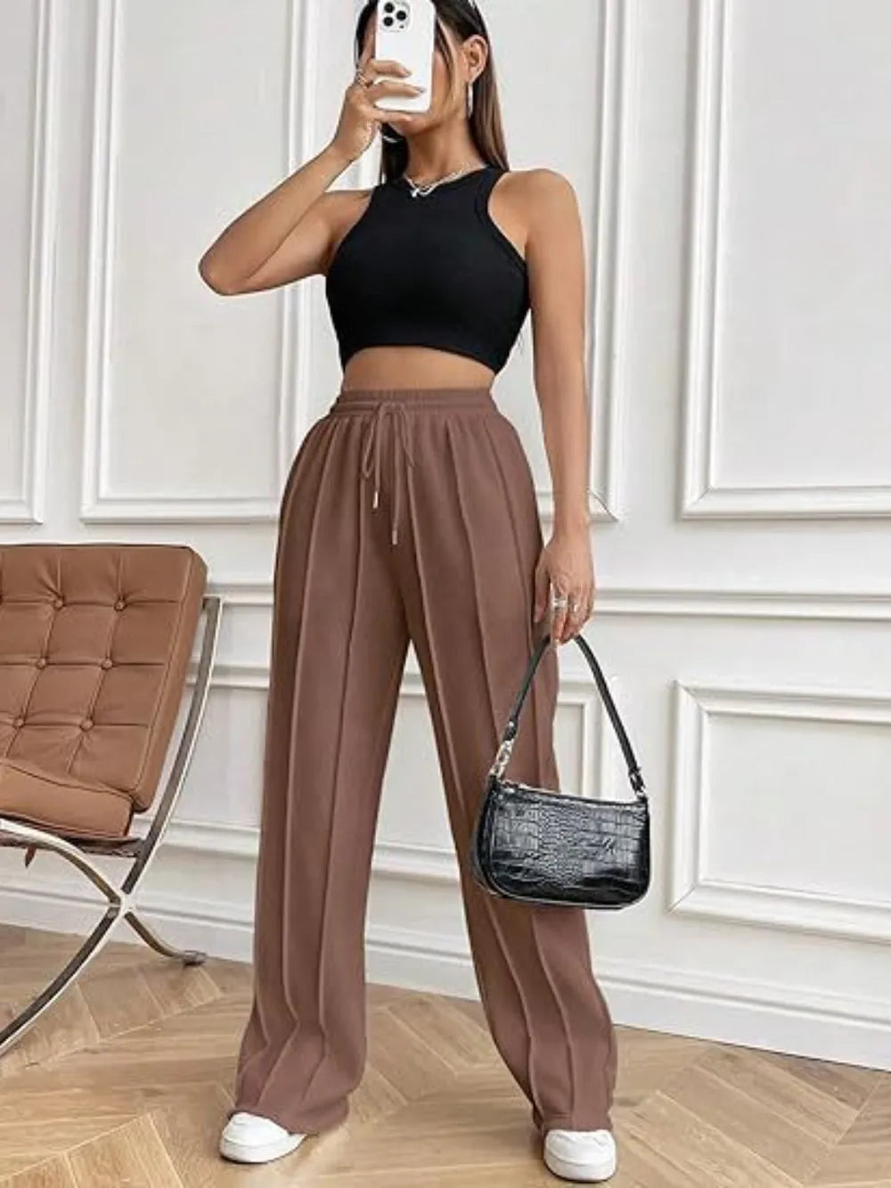 Women's High-Waisted Wide-Leg Drawstring Pants with Pockets