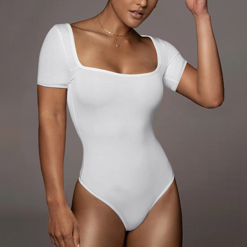 Square Neck Short Sleeve Tight Bodysuit for Women