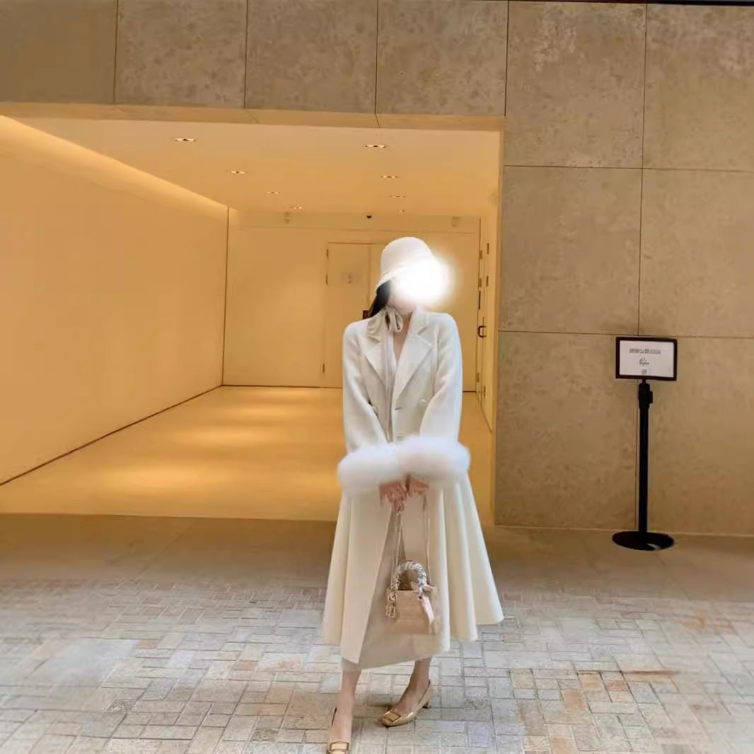 Hepburn-Inspired White Woolen Mid-Length Coat for Women