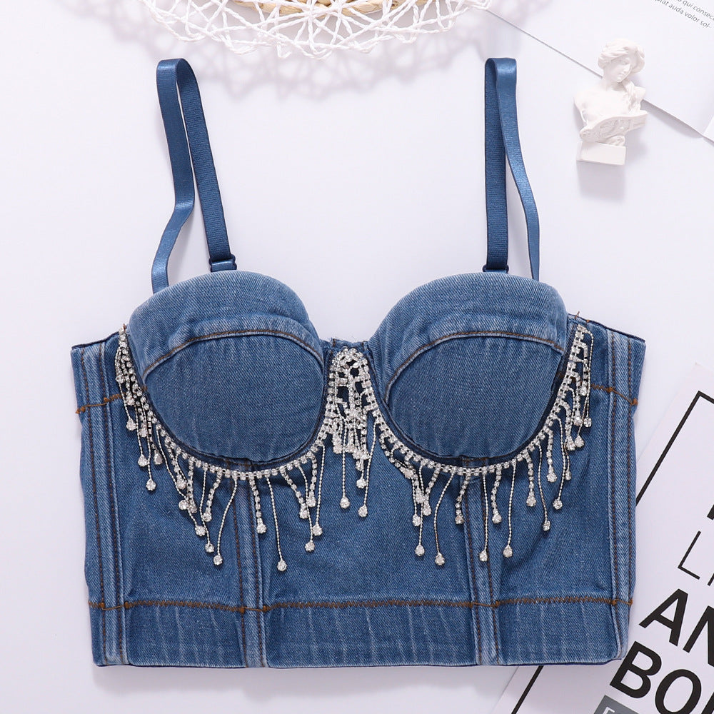Denim Corset Tube Top with Beaded Tassel Detail