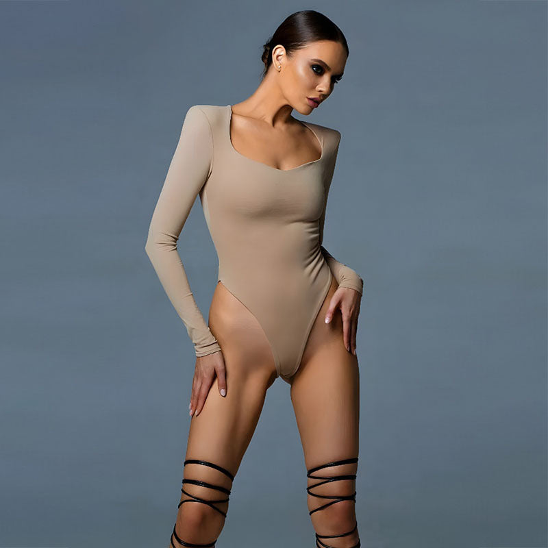 Long Sleeve Low Neck Slim Fit Streetwear Jumpsuit Top