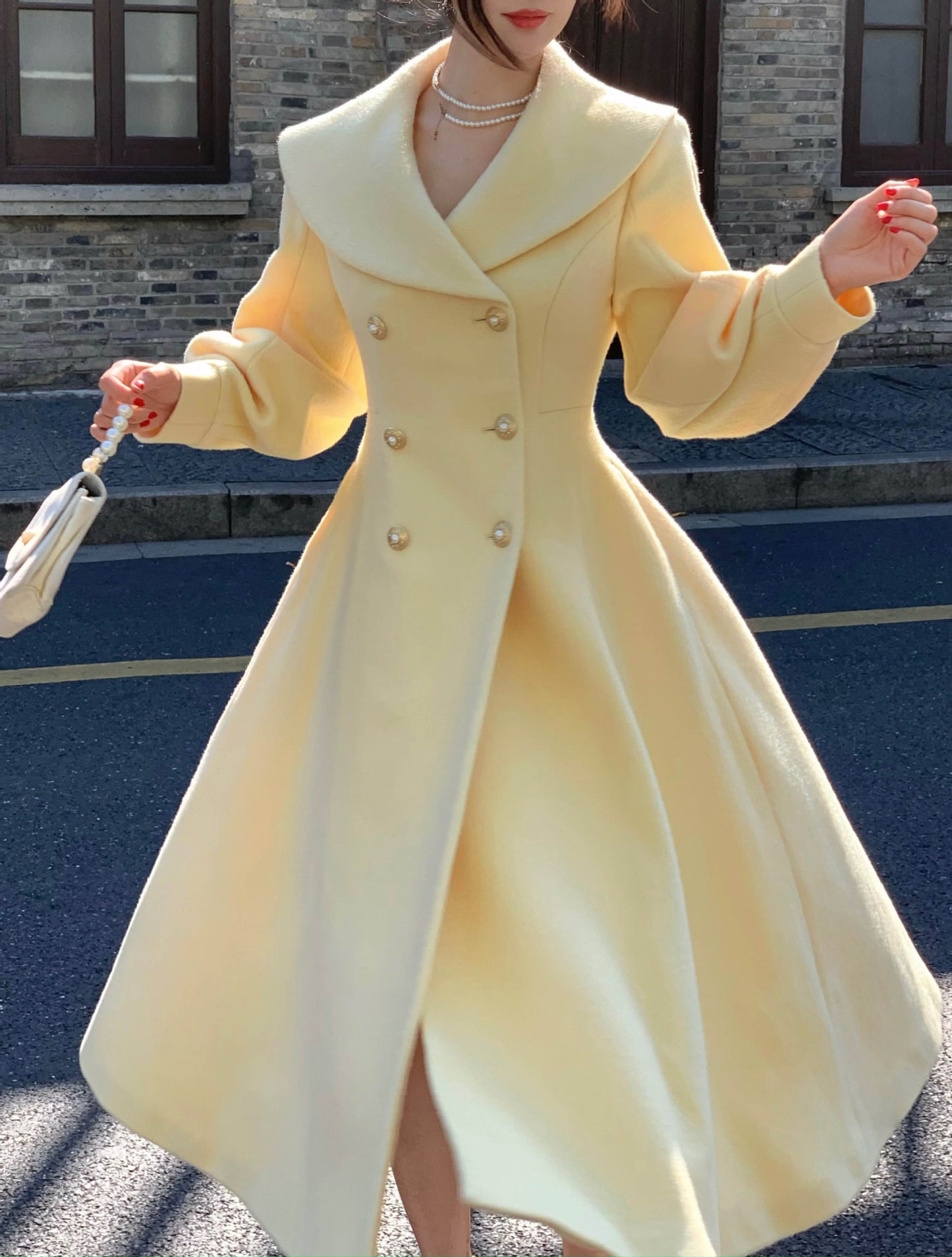 Double-Breasted Wool Coat with Lantern Sleeves