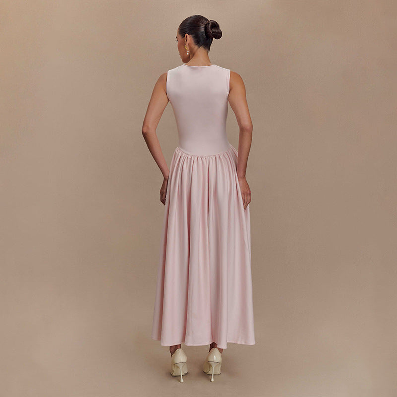 Spring Pink Strap Swing Dress with Square Neckline