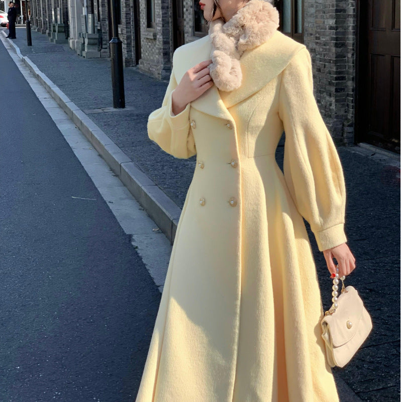 Double-Breasted Wool Coat with Lantern Sleeves