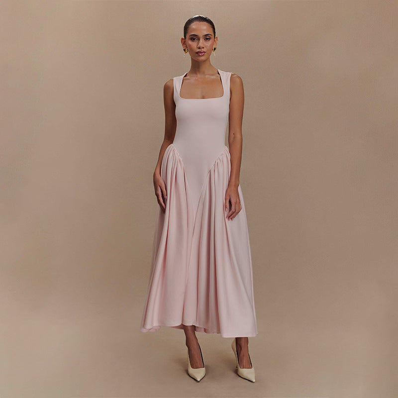 Spring Pink Strap Swing Dress with Square Neckline