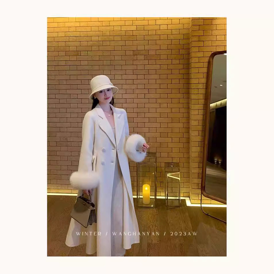 Hepburn-Inspired White Woolen Mid-Length Coat for Women
