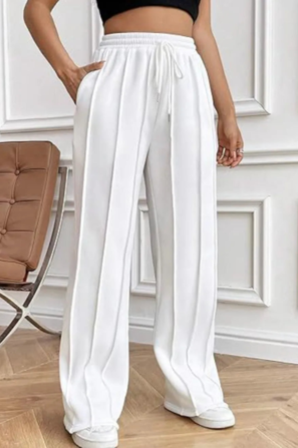 Women's High-Waisted Wide-Leg Drawstring Pants with Pockets