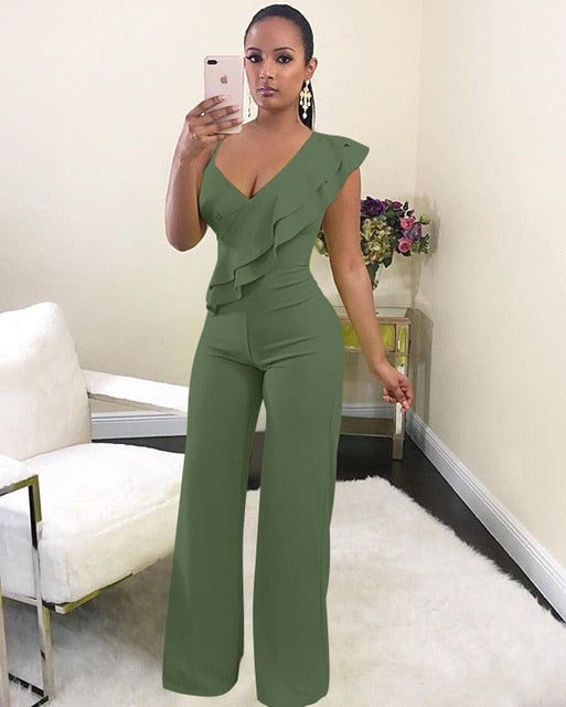 Chic One-Shoulder Ruffle Jumpsuit with V-Neck and Wide-Leg Pants