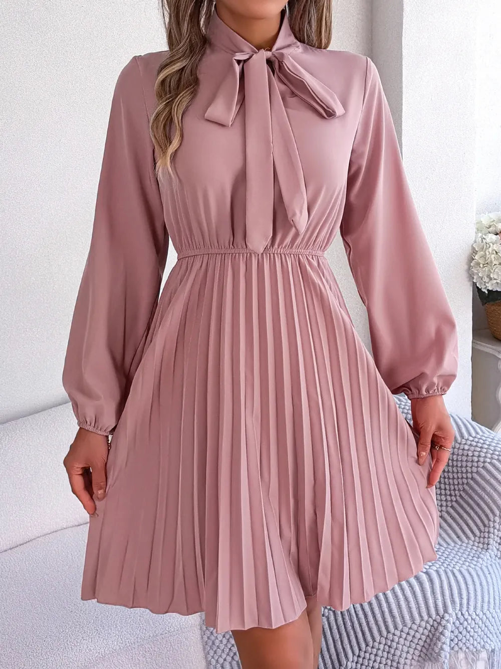 Long Sleeve Pleated Dress with Tie Waist