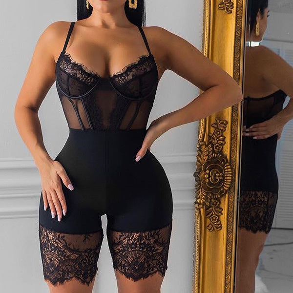 Sheer Eyelash Lace Strappy Jumpsuit for Night Out