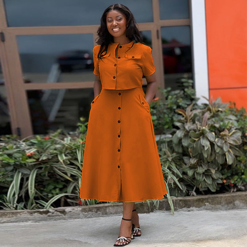 Short Sleeve Top and Buttoned High-Waist Skirt Set
